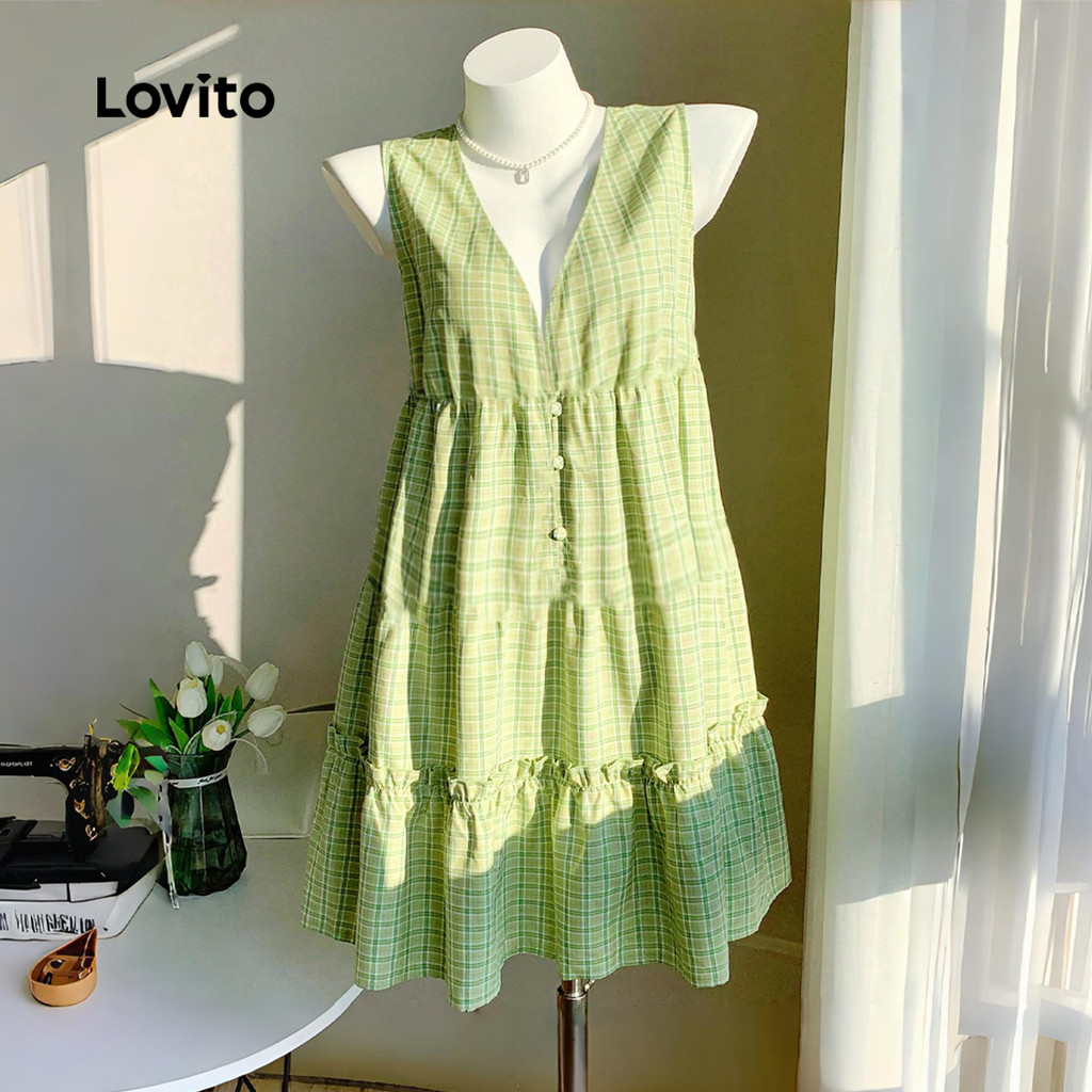 Detalhes do (NEW) Lovito Vestido Casual de Primavera/verão Verde com Estrutura Plissada e Linha Estruturada para mulheres L152ED033