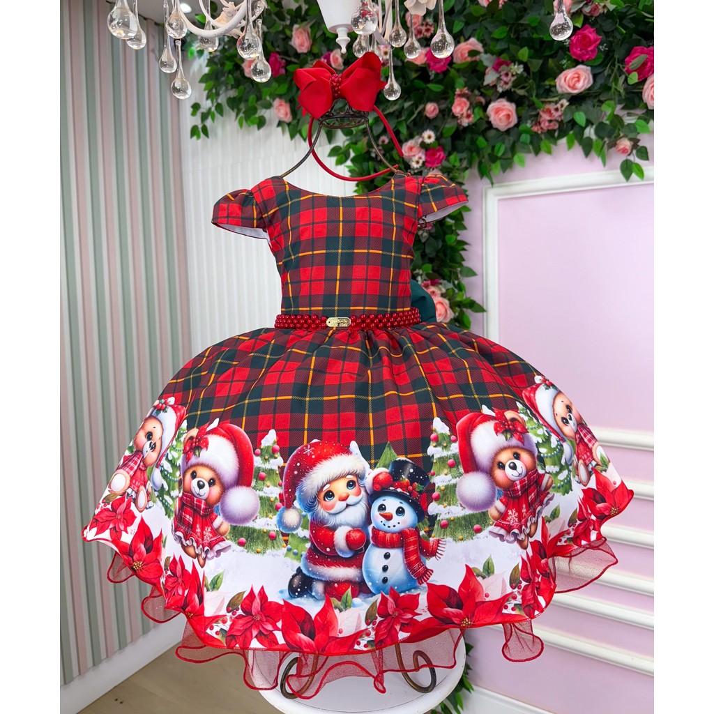 Vestido Infantil Menina Vermelho Papai Noel Ursinho Natalino - Natal Luxo Formatura Xadrez Ensaio
