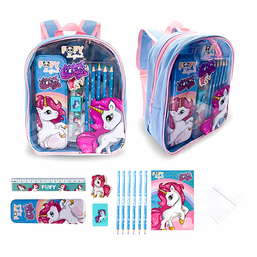 Kit Escolar Unicórnio 10 Peças Material Escolar Mochila Estojo Borracha Apontador Régua Lápis Livro