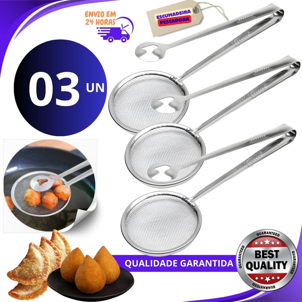 Jogo 3, 2 ou 1 un  Escumadeira Pescadora Para Fritura C/pegador Em Inox 2 Em 1 Variáveis Utilidades