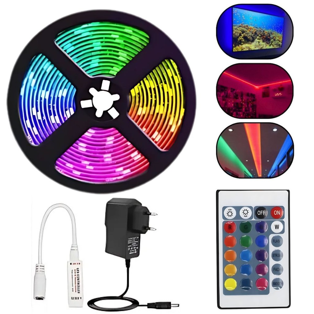 Fita 5m Led 2835 Rgb Rolo LED Controle Remoto Com Fonte IP65 IP20 decoração colorida natal brilho em Oferta na Shopee