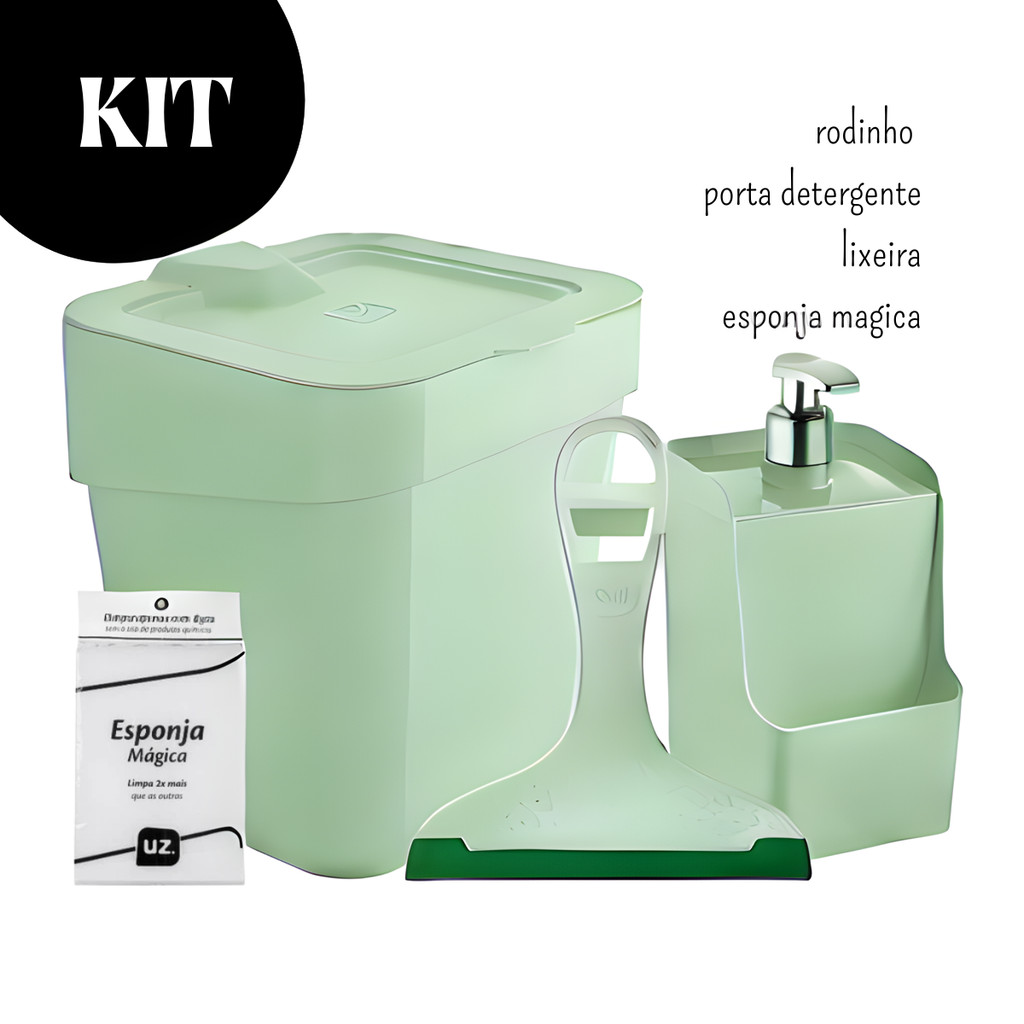 Kit Rodinho de Pia Dispenser Porta Detergente Lixeira Slim Verde Menta Esponja em Oferta na Shopee