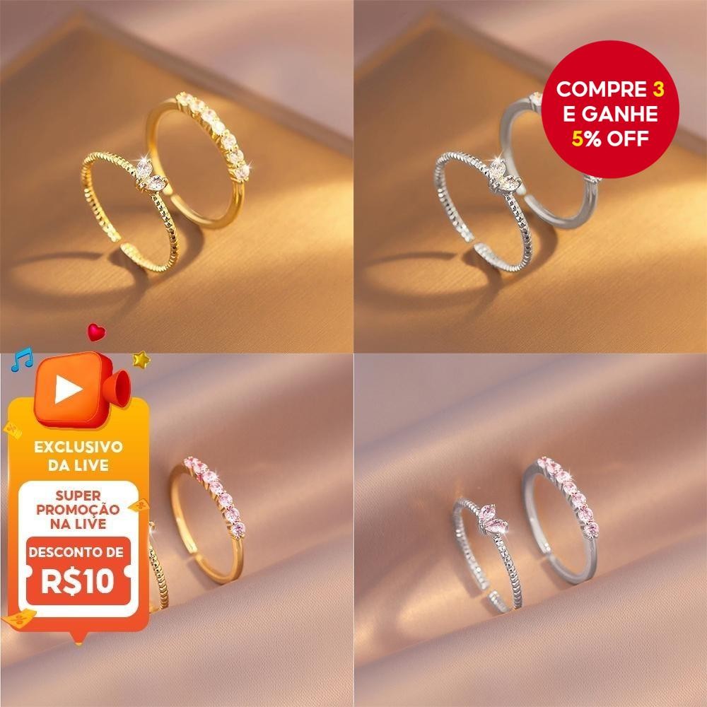 Conjunto De Anel De Coração De Zircônia , 2 Peças , Elegante , Ajustável , Ouro , Prata , Para Mulheres , Joias Da Moda