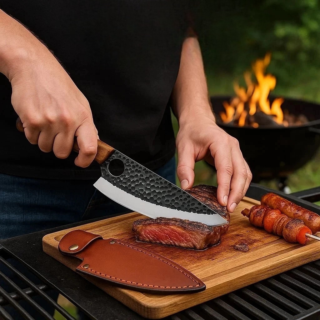 Faca Artesanal Inox Afiada Bainha Couro Tábua Madeira Churrasco Corte Camping Pesca Caça Lenha