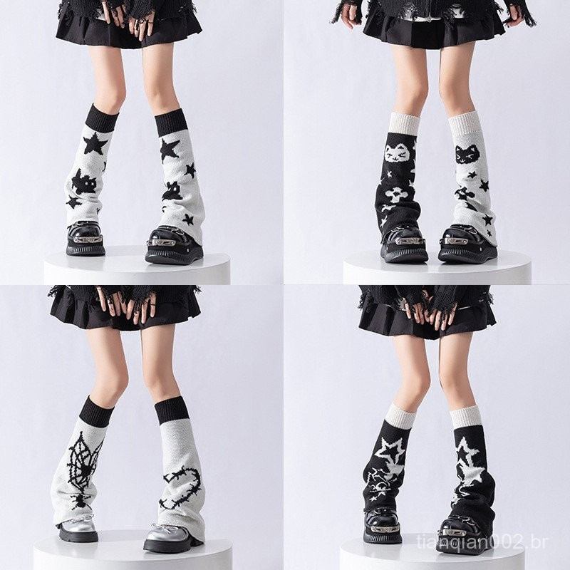 Japonês Bonito Malha Polainas Casual Doce Y2k Gato Estrela Impressão Dois Lados Usar Meias Femininas Vintage Harajuku Qu