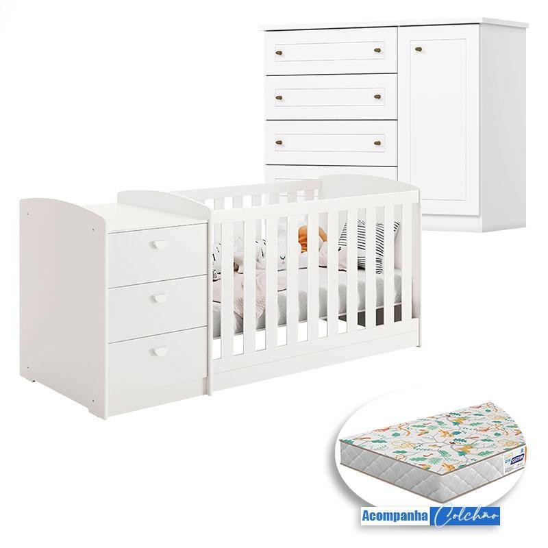 Berço Multifuncional Atlanta e Cômoda Infantil Americano Henn Branco Fosco com Colchão Gazin - Reller