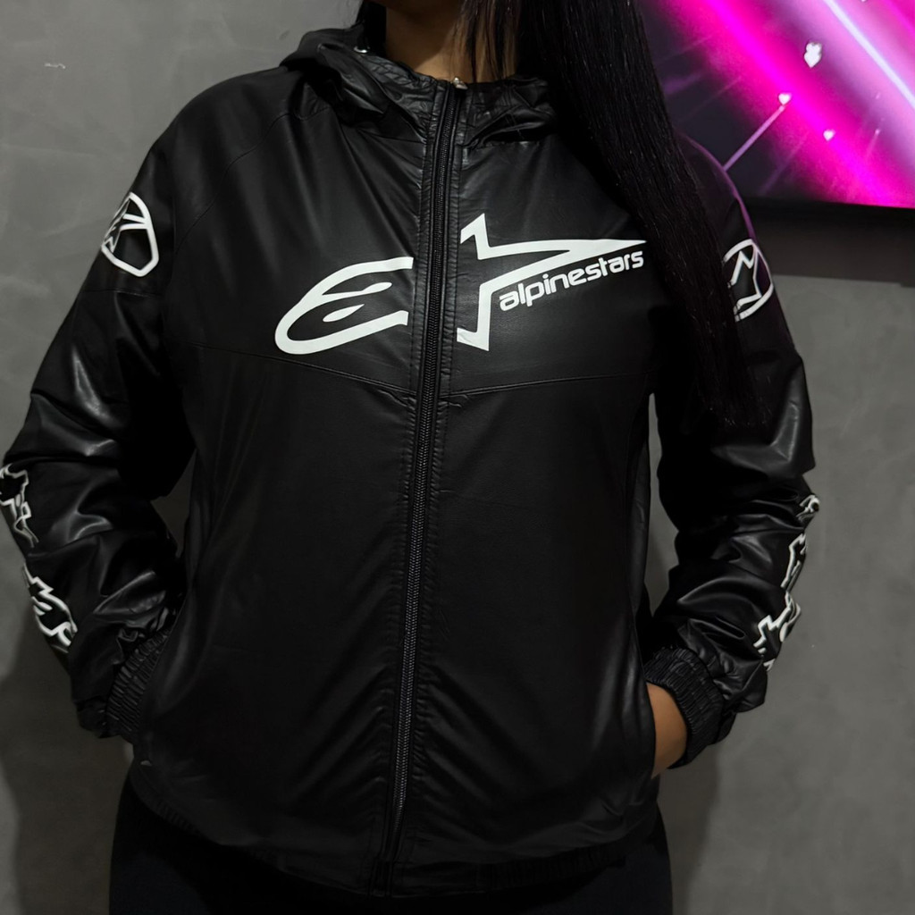 Jaqueta Feminina Corinho Impermeável Importada Forrada Telinha Estilo Motociclista Preto e Branco Alpines