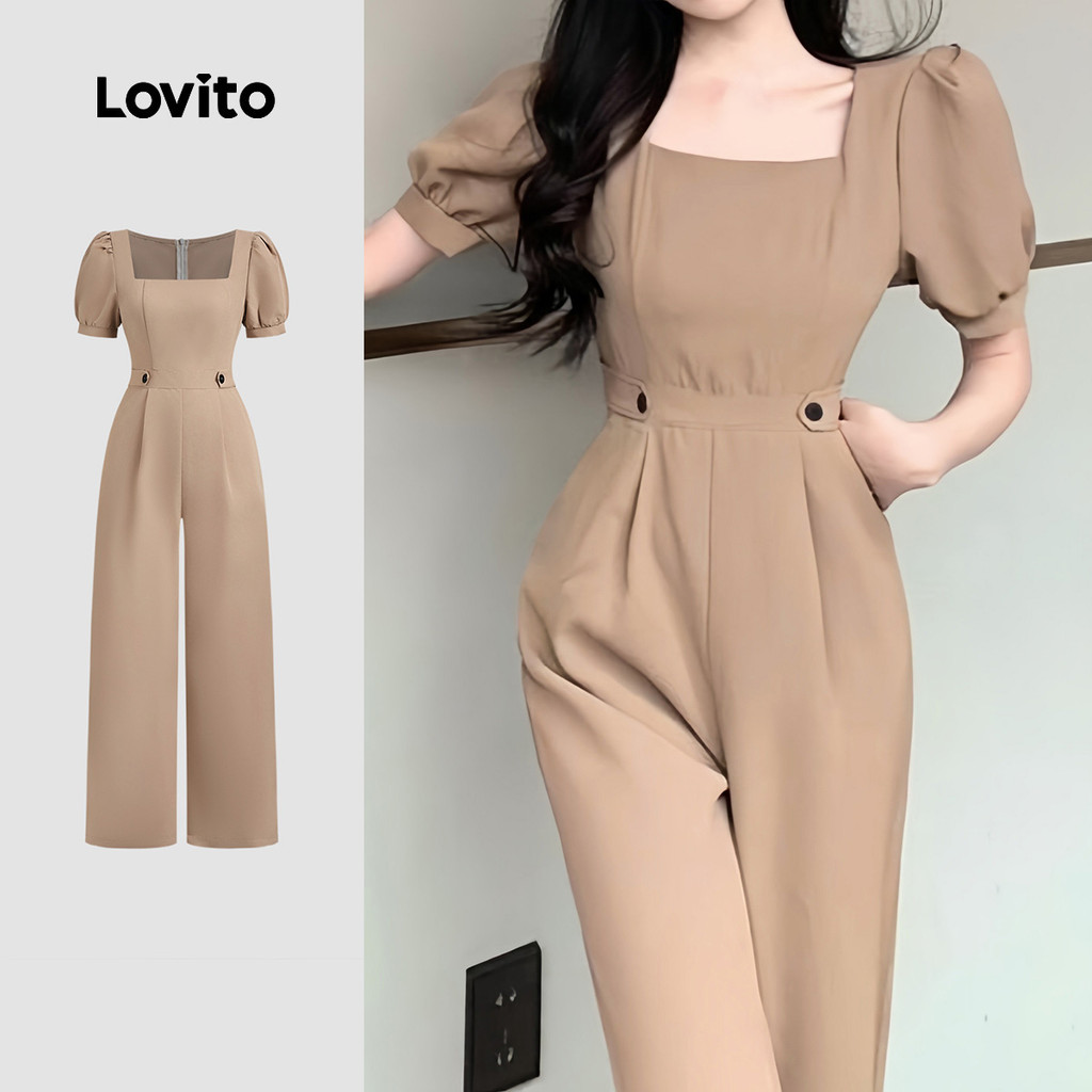 Lovito Macacão Casual com Botões Primavera/verão em Caqui para Mulheres L150AD1897 em Oferta na Shopee