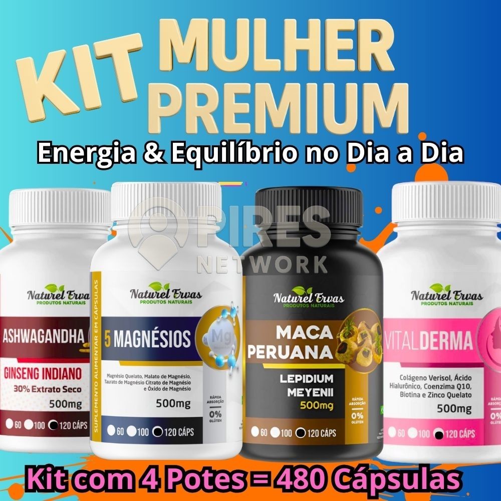 KIT 4 POTES MULHER PREMIUM – SUPLEMENTOS NATURAIS FEMININOS I MAÇA PERUANA + VITAL DERME + ASHWAGANDHA + 5 MAGNESIOS