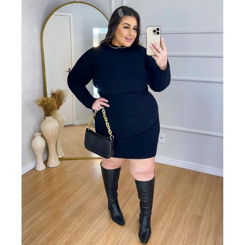 Vestido Longo Manga Longa Plus  Size  Preto Canelado Plus Size