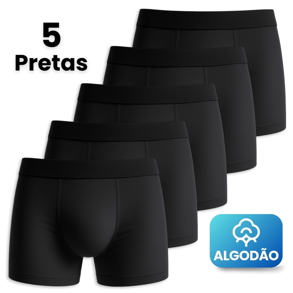 Kit 5 Cuecas Boxer Masculino Algodão Premium Pretas Confortáveis em Oferta na Shopee