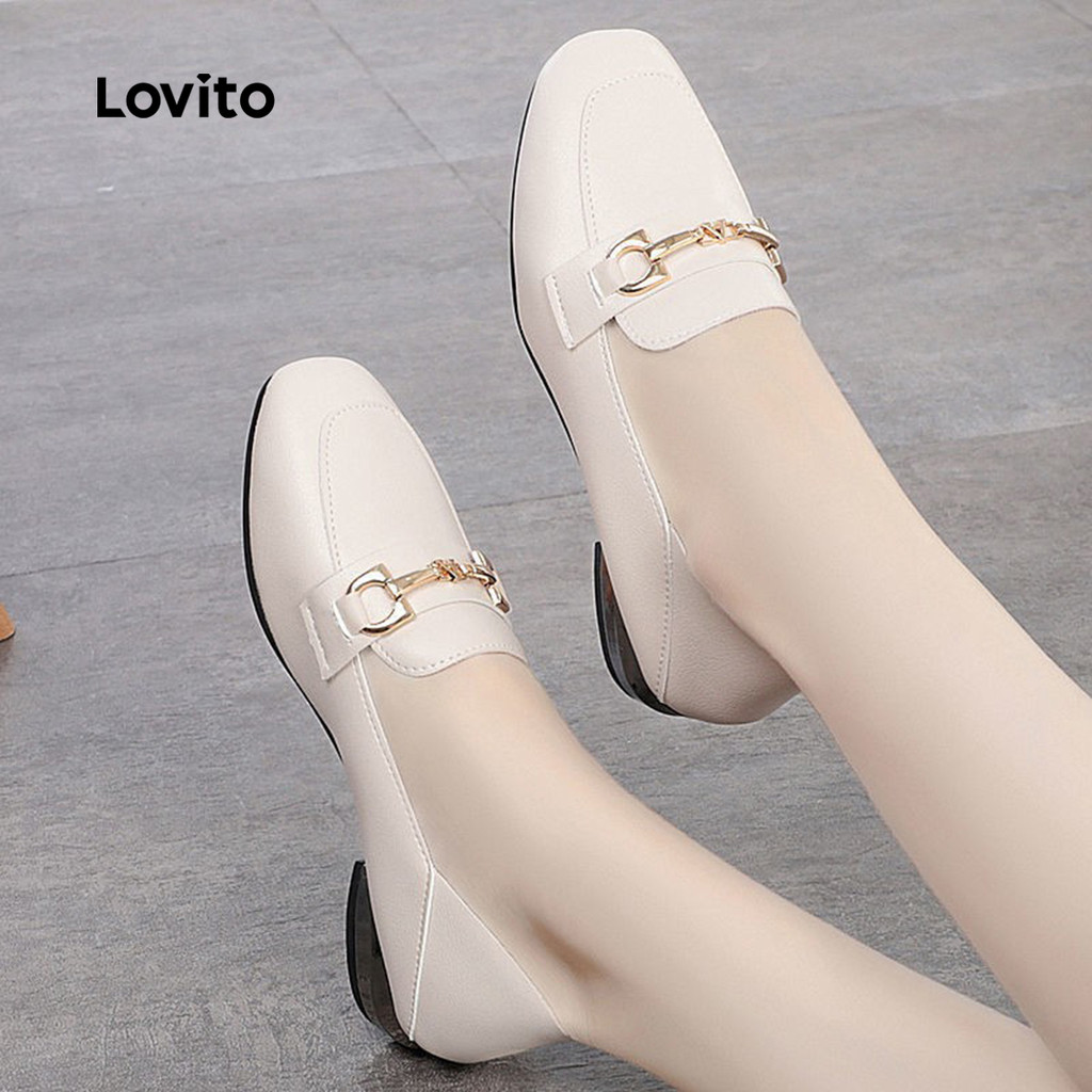 Detalhes do Lovito Sapatos de Barco Preppy com Fivela de Metal Mocassins para Todas As Estações branco LFA85054