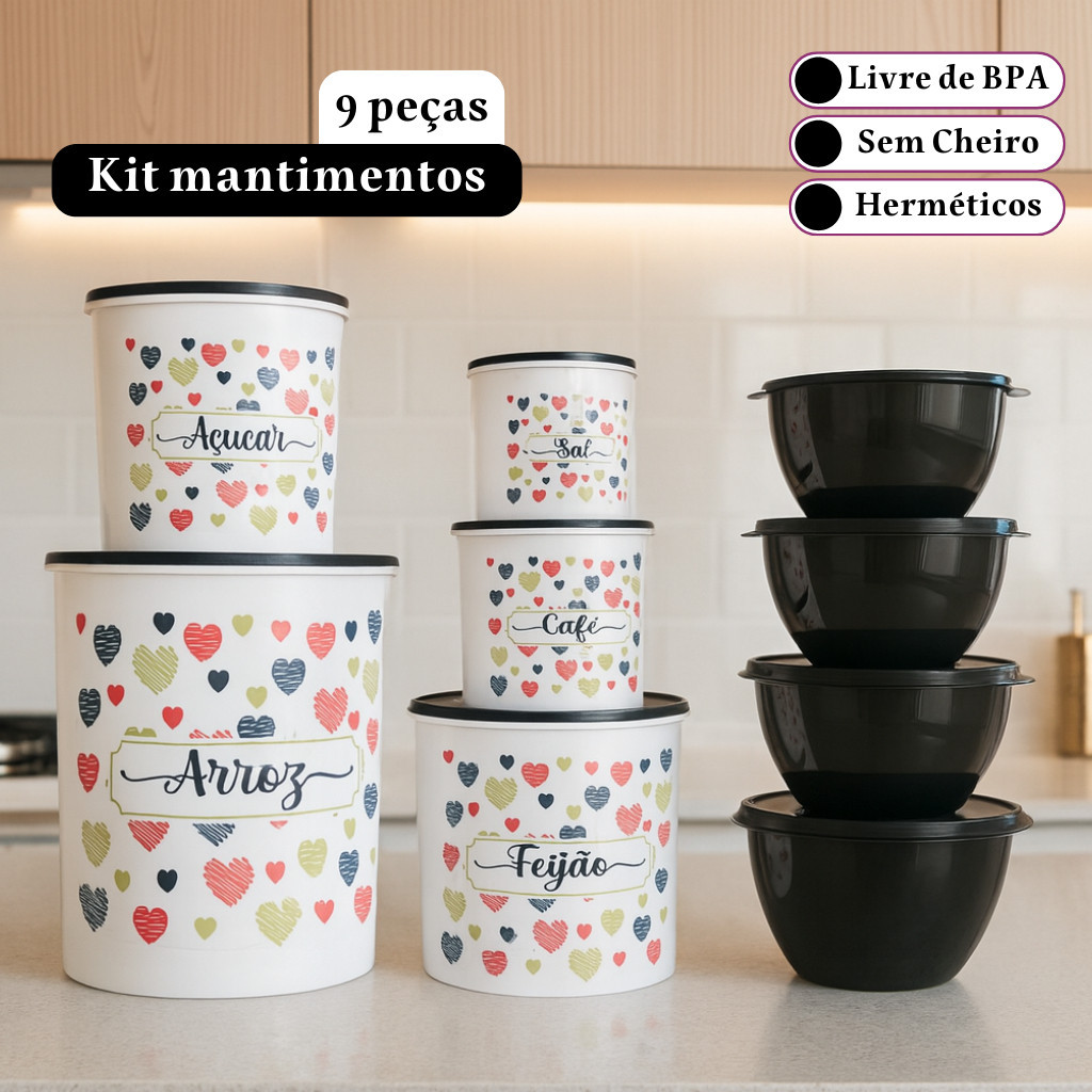Kit de potes para mantimentos 5 peças + 4 potes redondos para cozinha em Oferta na Shopee