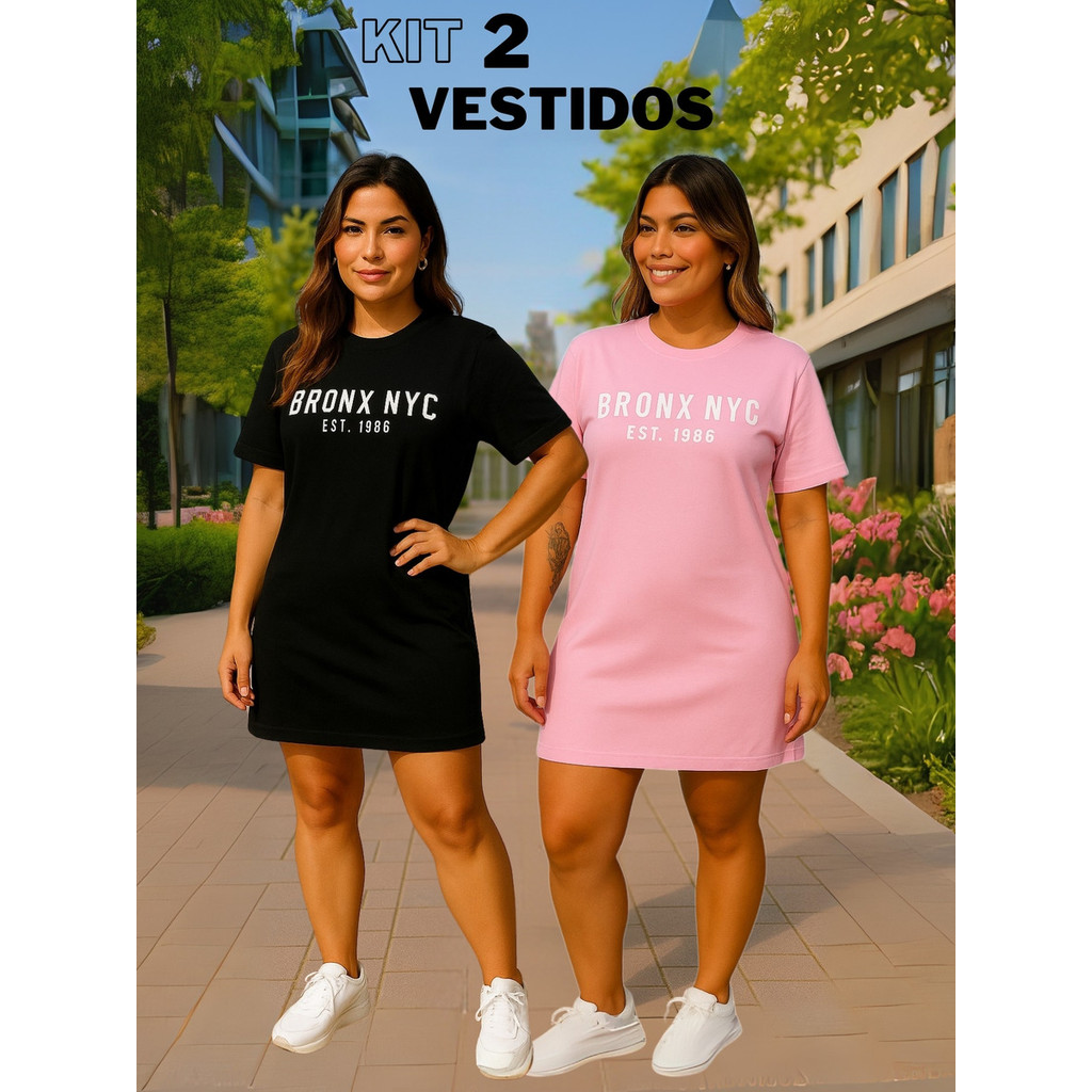Kit 2 Vestidos Camisetão Oversized Malha Algodão Confortável