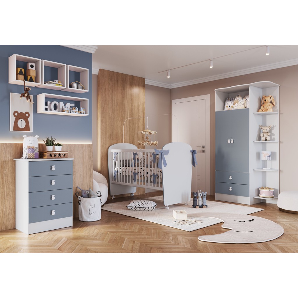 Quarto de Bebê Completo Fofura com Guarda-Roupa 2 Portas, Cômoda e Berço Espresso Móveis Branco/Azul em Oferta na Shopee