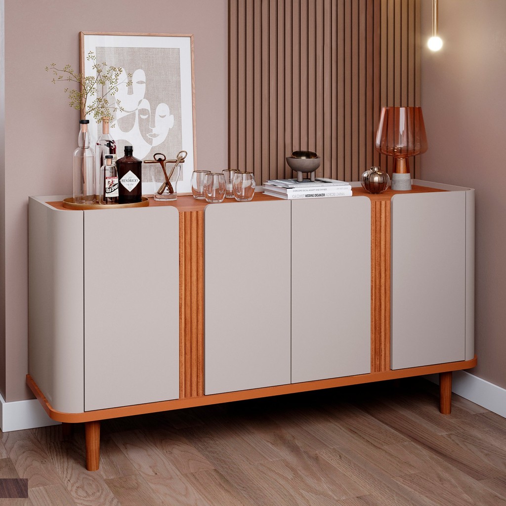 Buffet Aparador de Sala de Jantar 4 portas com pés de madeira maciça Eva Off White/Cinamomo em Oferta na Shopee