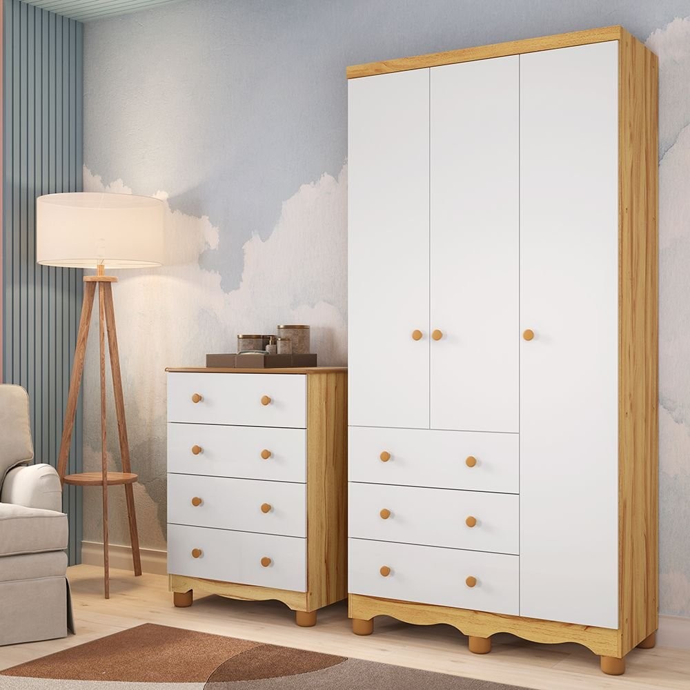 Quarto Infantil com Guarda-Roupa 3 Portas e Cômoda 4 Gavetas 100% MDF Mimo Espresso Móveis Branco Brilho/Amêndoa em Oferta na Shopee