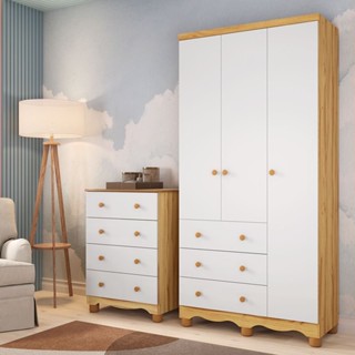 Quarto Infantil com Guarda-Roupa 3 Portas e Cômoda 4 Gavetas 100% MDF Mimo Espresso Móveis Branco Brilho/Amêndoa em Oferta na Shopee