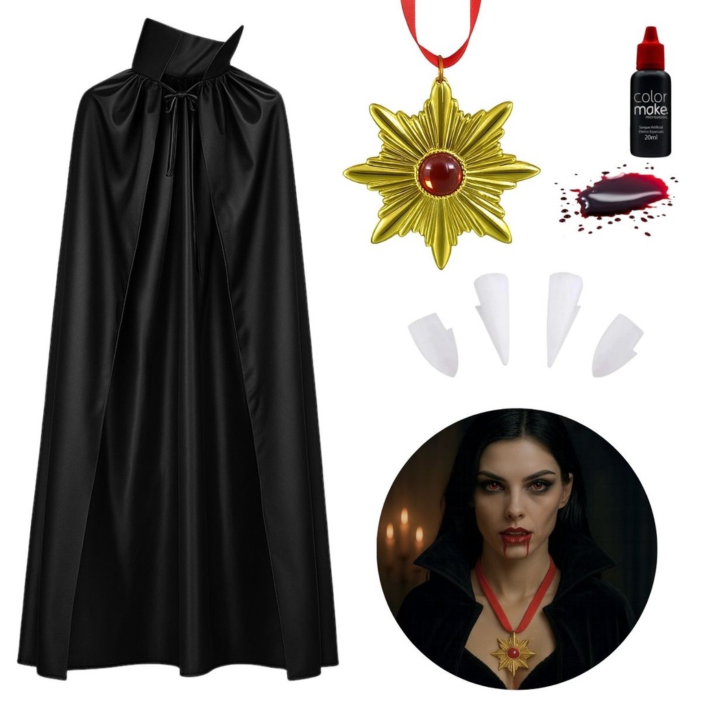 Kit Fantasia Vampira Feminino Drácula Dentes Presa Sangue Falso Colar Dourado Gótico Capa Preta