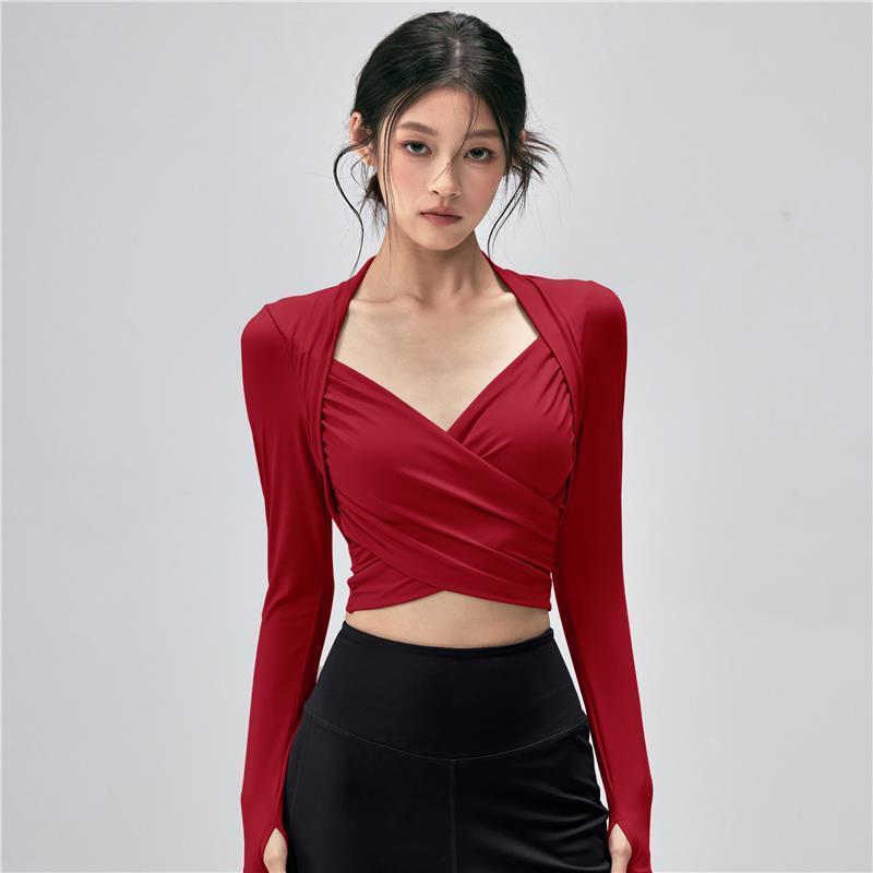 Y com almofada no peito Yoga camiseta de manga comprida High-End Sense Slim-fit elegante mais magro