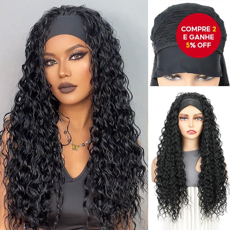 Peruca sintética com faixa de cabelo enrolada, preta natural, longa, peruca de faixa de cabeça feminina, cabelo