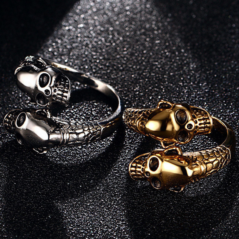 Único dominador crânio aberto Design de duas cabeças anel ajustável Retro angustiado estilo Punk masculino feminino esti