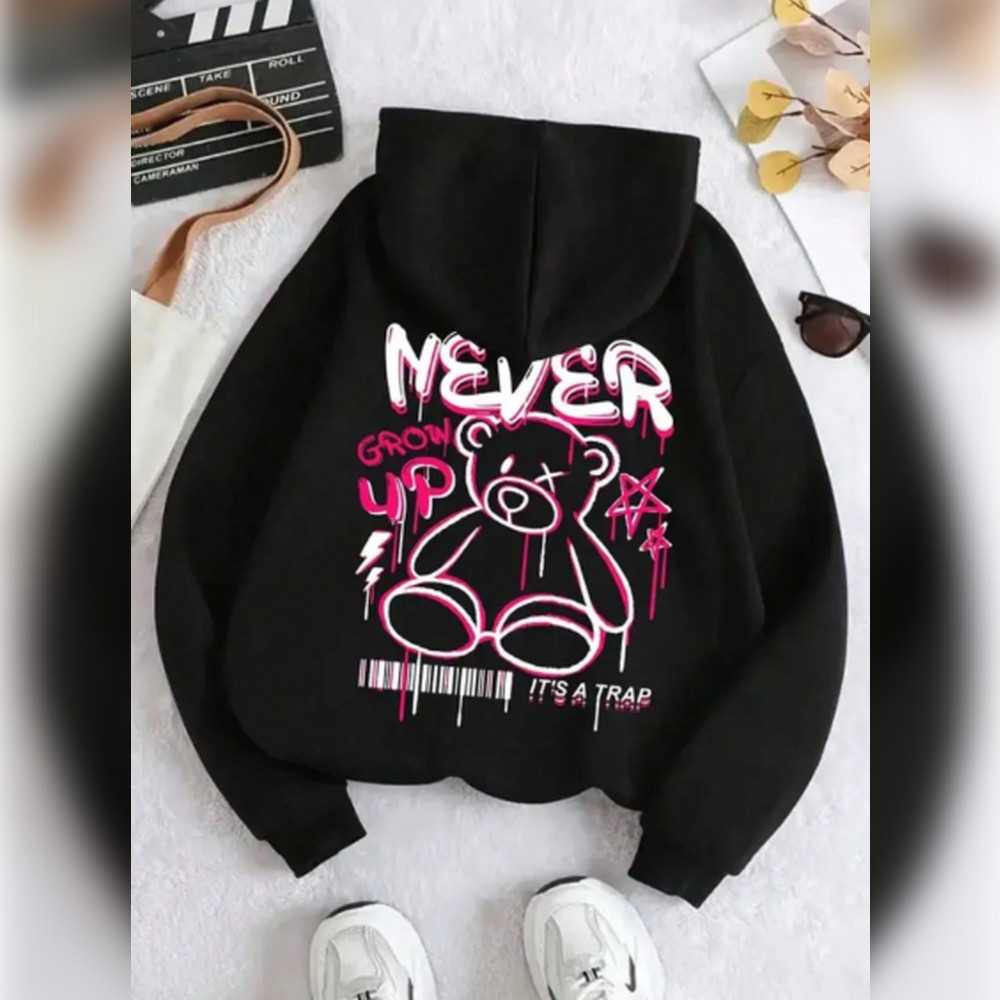Moletom Estampado Urso Never Blusa de Frio Canguru Com Capuz Masculino Feminino Casaco Flanelado Quentinho Confortavel