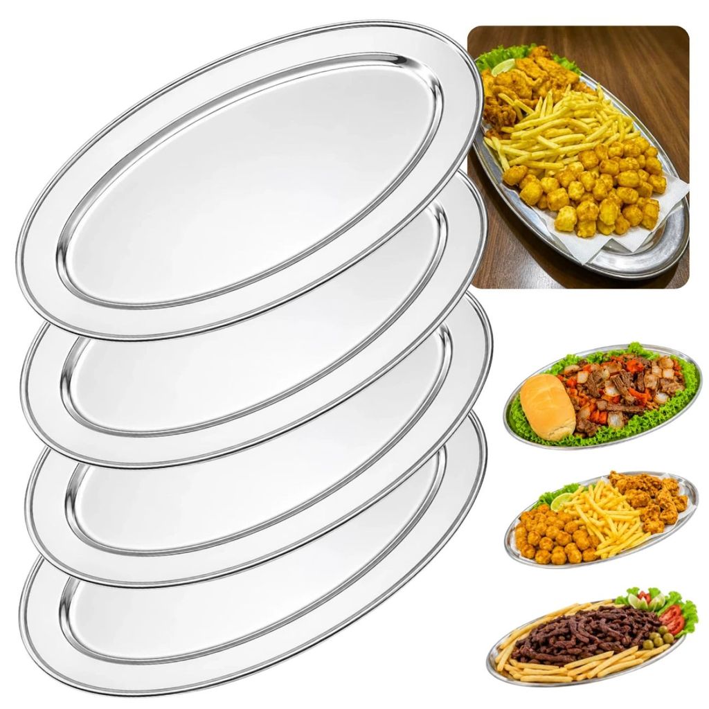 Kit 4 Ou 8 Bandejas Inox Travessas Rasas 39,5 Cm Servir Porção e Pratos Quentes Salada Buffet Festa e Jantares