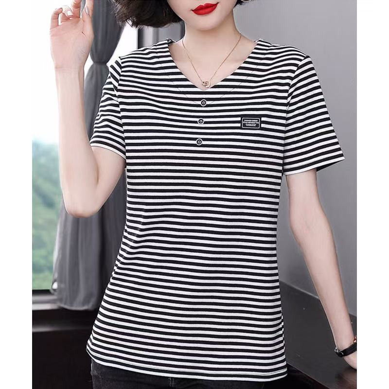 Preto branco listrado de manga curta camiseta feminina solto vestido de verão 2026 novo estilo tamanho grande compriment