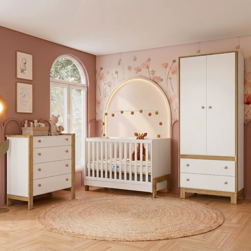 Quarto de Bebê Completo Berço Minicama Cômoda 4 Gavetas e Guarda Roupa 2 Portas 2 Gavetas Nina Qmovi com Colchão Gazin