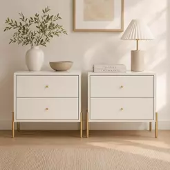 Kit 2 Mesas de Cabeceira com 2 Gavetas Jasper 64 cm - Off White Fosco c/ Dourado