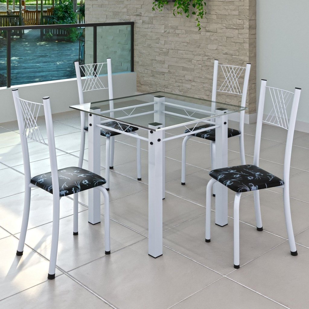 Conjunto de Jantar Mesa 75x75cm Tampo de Vidro Incolor com 4 Cadeiras Sara Yescasa Branco/Preto Floral Branco/Preto