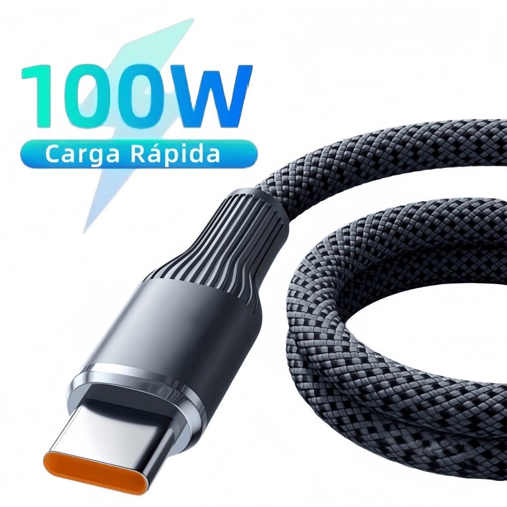 Cabo Tipo C Compatível com iPhone 17 e 16 Pro Max, 100W, Trançado, para Notebook