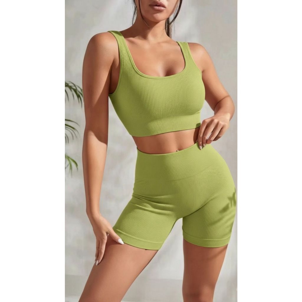 Conjunto de Academia Feminino Fitness top short Cintura alta Zero Transparência Canelado Poliamida