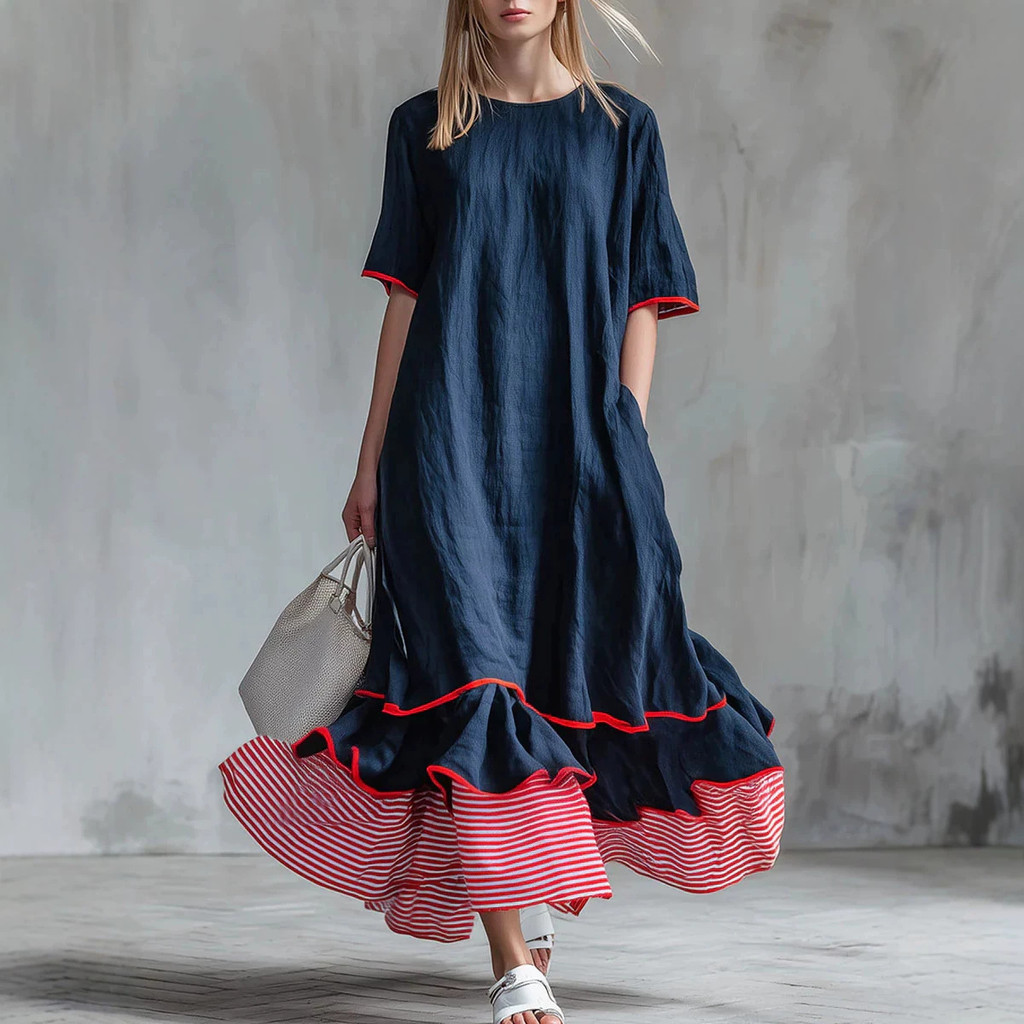 Vestido solto feminino verão vermelho branco listrado costura babados longo anágua férias Casual manga curta em torno do