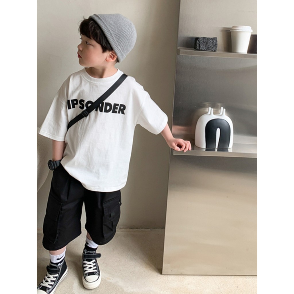 Algodão puro roupas infantis meninos camiseta de manga curta roupas de verão crianças frito rua bonito pequeno médio gra