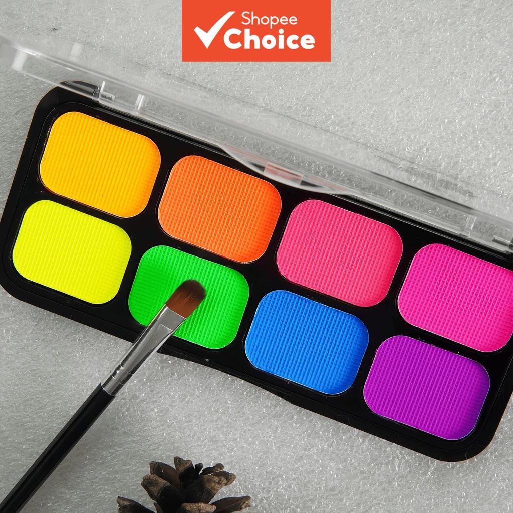 Paleta de Tinta Facial e Corporal Fluorescente com 8 Cores UV/Preta Luz à Base de Água, Maquiagem Neon para
