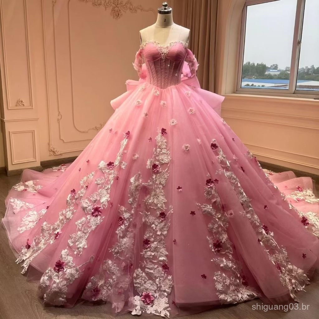 Tubo superior largo, vestido volumoso com cauda, presente para adulto, Quinceanera, indústria pesada, bordado, laço gran