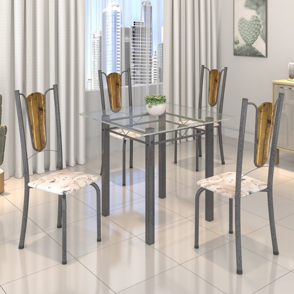 Conjunto de Mesa Tubular 75x75cm Tampo de Vidro com 4 Cadeiras Júlia Prata/Botanic Bege/Madeira Botanic Bege/Prata