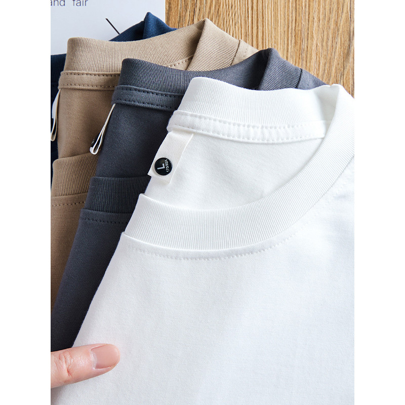 Branco puro 320g pesado camiseta masculina algodão penteado três pontos de manga curta básico puro algodão fundo interno