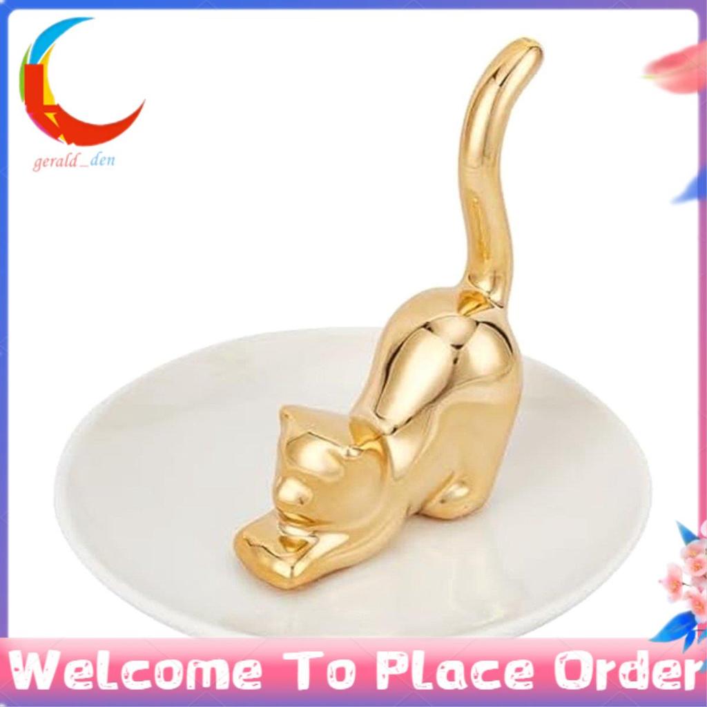 Gatos Postura Anel Titular Dourado Gatinho Cauda Prato Bandeja De Jóias Redondo Pratos Trinket Cerâmica Armazenamento Ca