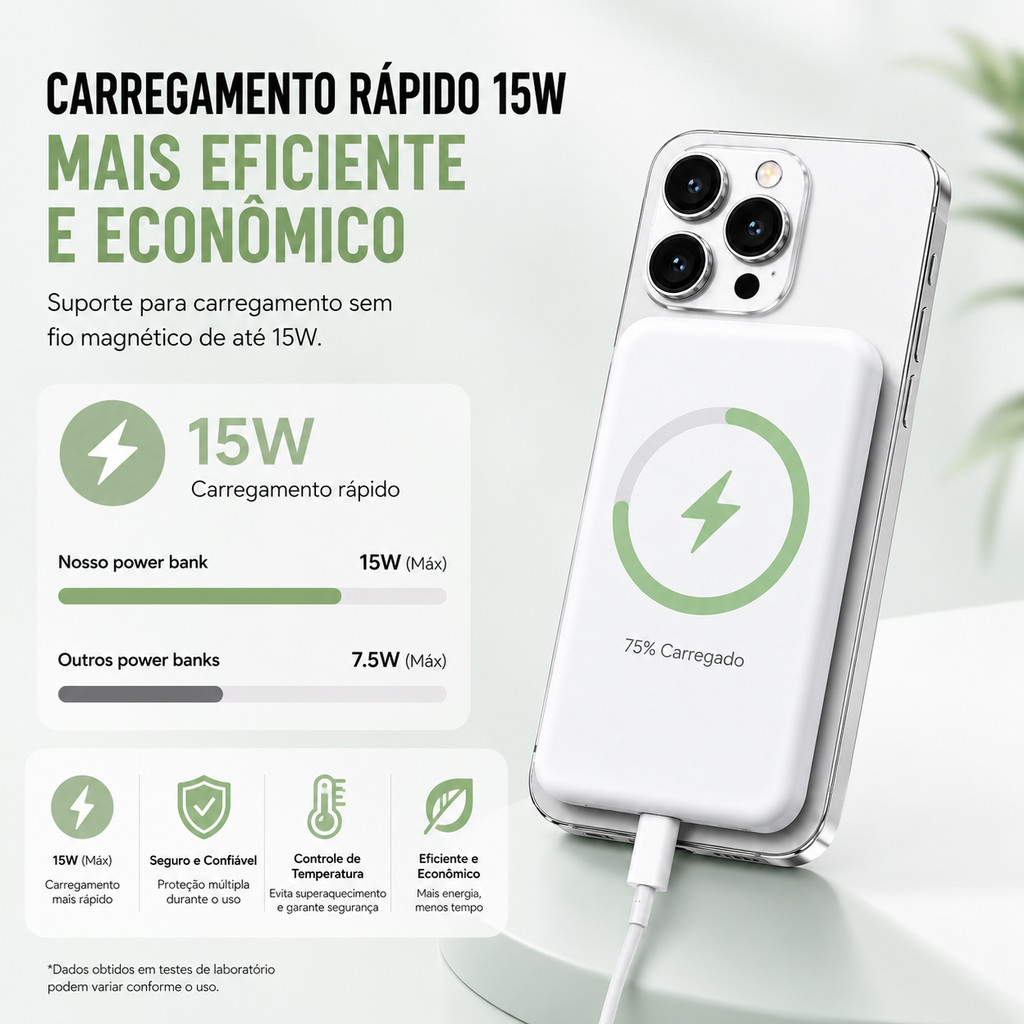 Power Bank Imantado 10000mAh Ultra Fino, Recarga 15W, Ideal para iPhone 12-17 e Viagens de Avião