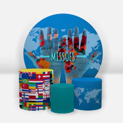 Kit Painel De Festa Redondo + 3 Capas De Cilindros Sublimado Em Tecido Missões | Rapido Envio