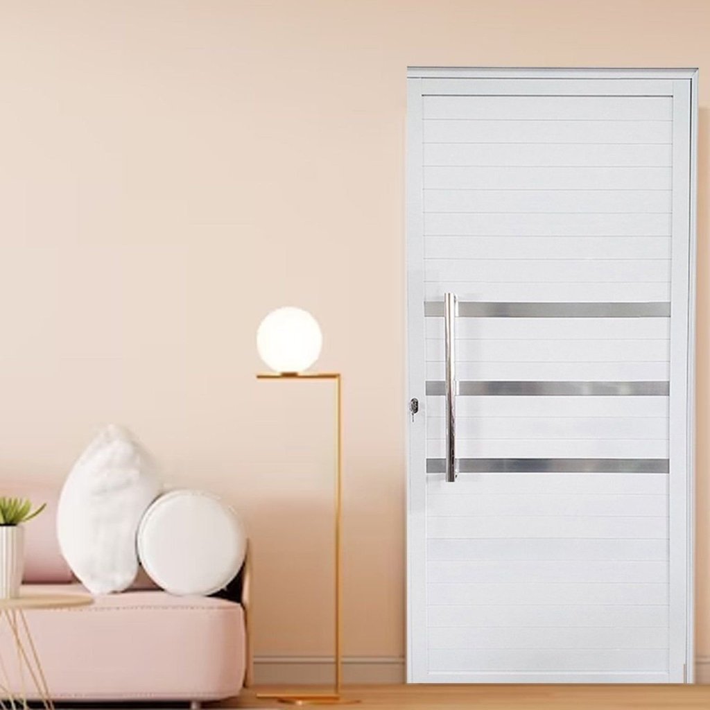 Porta Lambril de Alumínio 210 x 80cm com Friso Linha Veneza Esquadrias Bergamo Abertura Esquerda Branco Branco