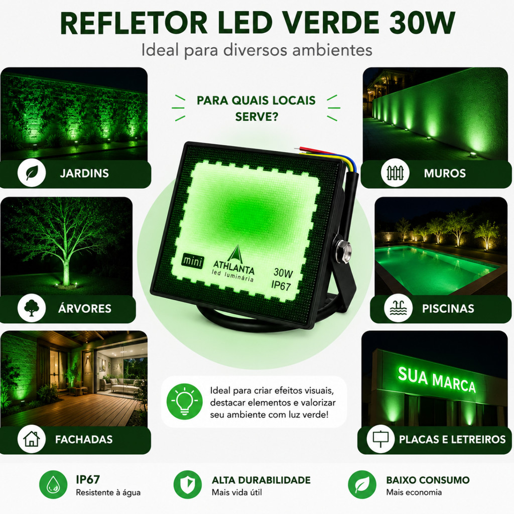 Kit 3 Refletores LED Verde 30W IP67 Athlanta Bivolt Prova D'Água — imagem 2 de 2
