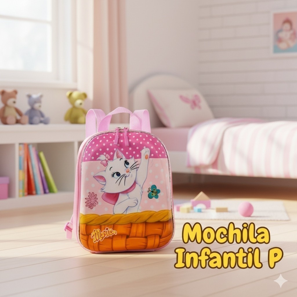 Mochila Infantil Gatinha Marie Escola Passeio Criança Menina Alças Ajustáveis Costas