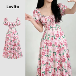 Lovito Vestido Elegante com Laço Frontal Franzido e Babado Na Bainha Vestido de Primavera/verão para mulheres LK5ED978