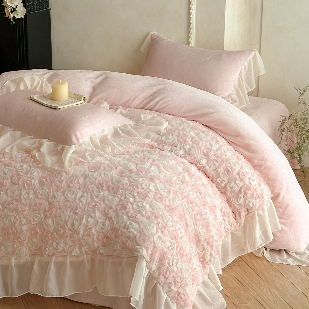 Coreano estilo princesa leite veludo conjunto de quatro peças inverno engrossado quente Coral veludo tridimensional flor