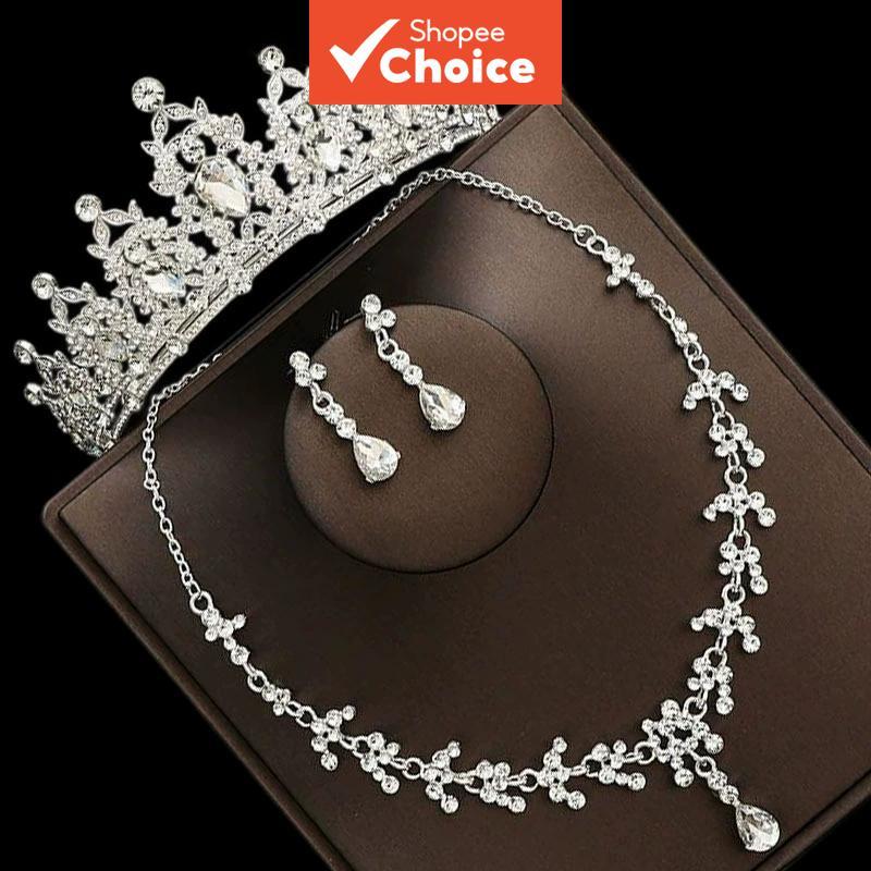 Imagem Conjunto De Joias De Noiva Com Strass Prateado , Colar De Coroa , Brincos Para Concurso De Baile De Casamento
