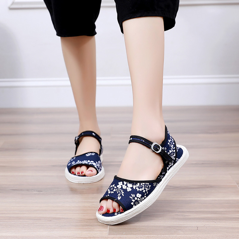 Sapatos de pano feminino verão Melaleuca sola sandálias chinelos feminino Retro azul branco pano sapatos femininos juven